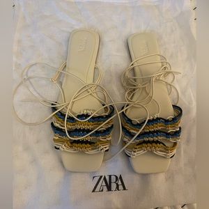 Lace Up Woven Flat Sandals in Cream Multi Color